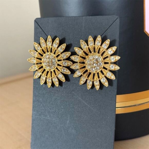 Avon Vintage Gold Sunburst Rhinestone Earring Set Anniversary Circle Dot Signed - Picture 5 of 8